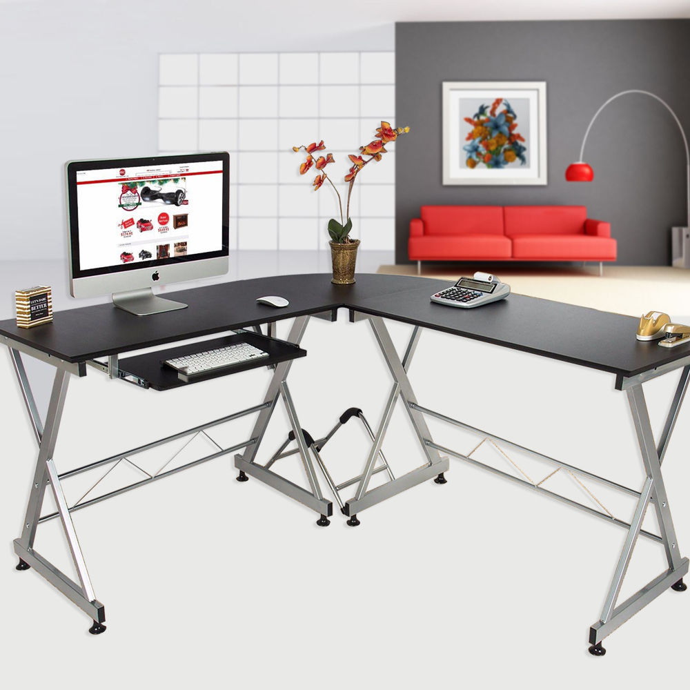 Details About L Shaped Corner Computer Desk Home Office Laptop Wood Black