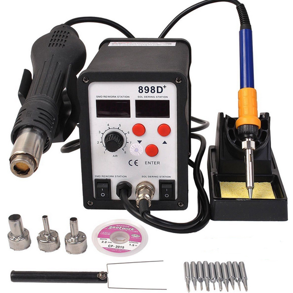 898D+ 2in1 SMD Rework Soldering Station Solder ESD Tips BGA Hot Air