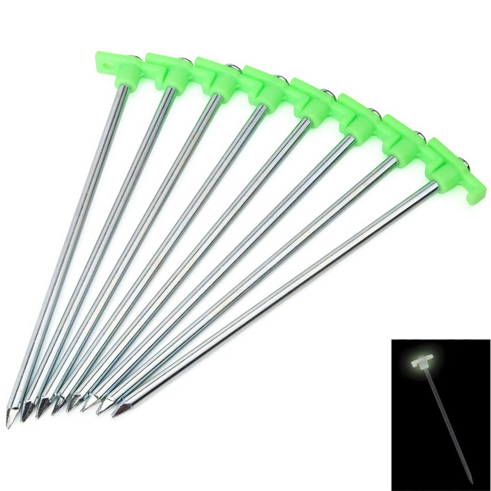 10pk GLOW IN THE DARK Tent Stakes Pegs Heavy Duty Steel Metal Camping