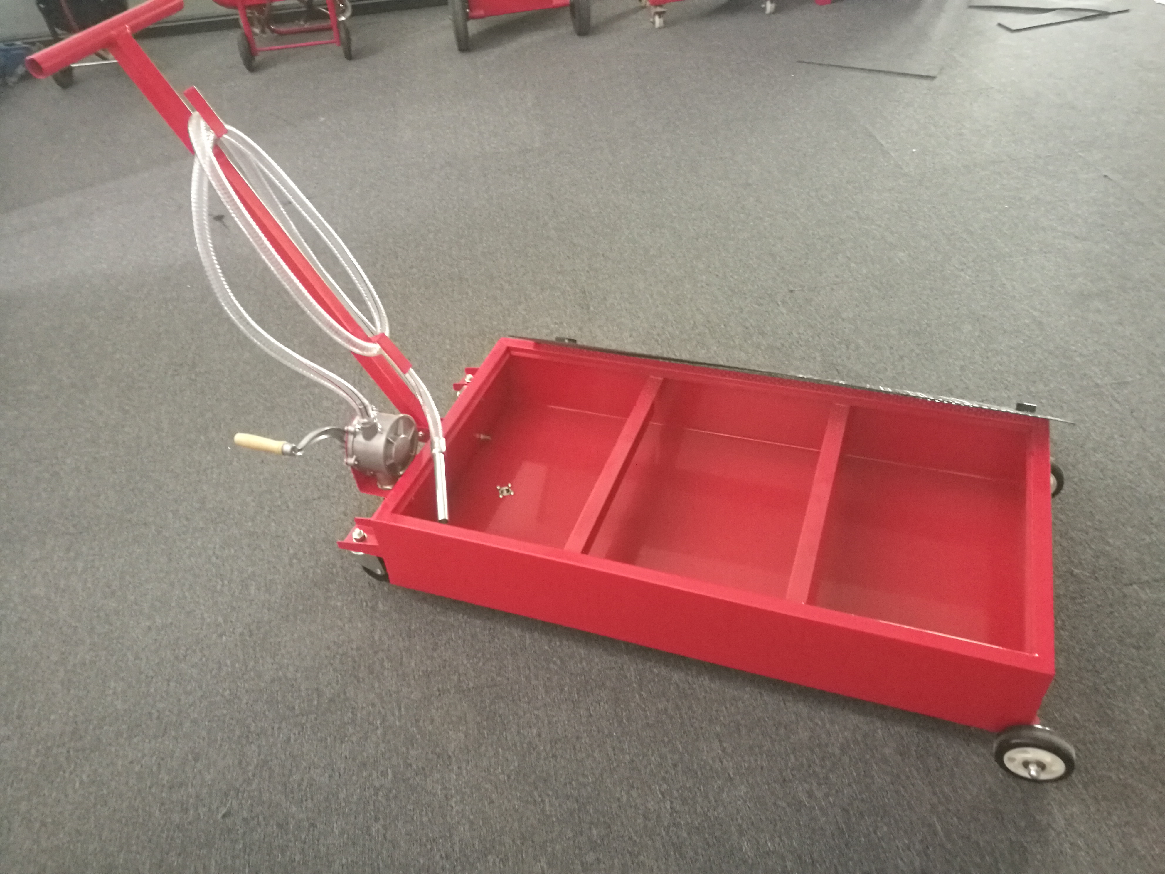 Portable 20 Gallon Oil Drain Pan Low Profile Dolly w/ Pump 8’ Hose Car